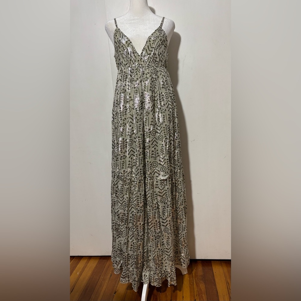 "Goa" Elegant Silver Patterned Maxi Dress Size S/M